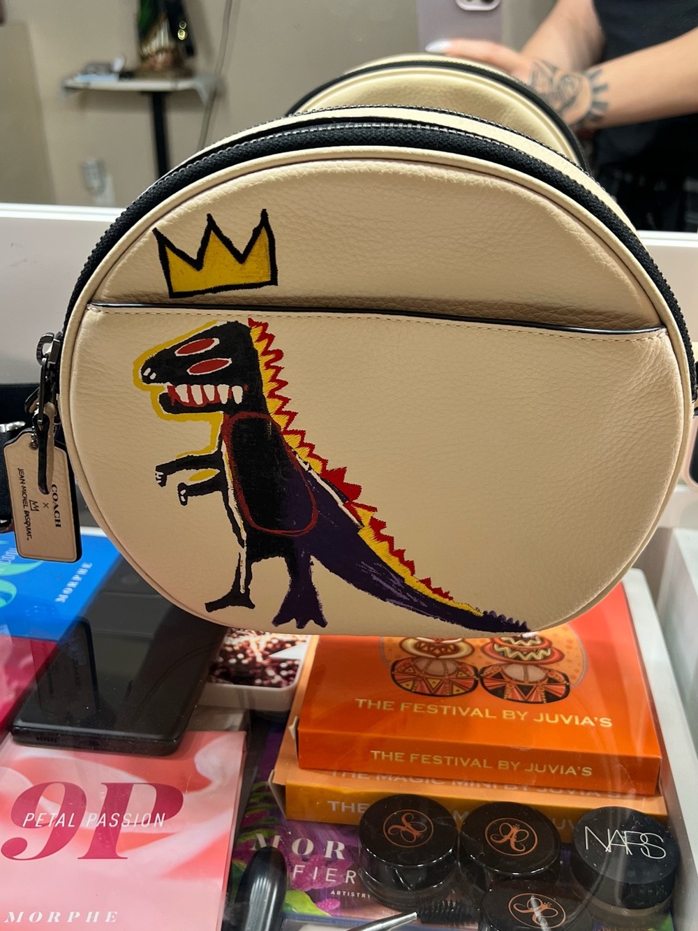Coach Round Leather Toiletry Bag in Cream with Dino Graphic